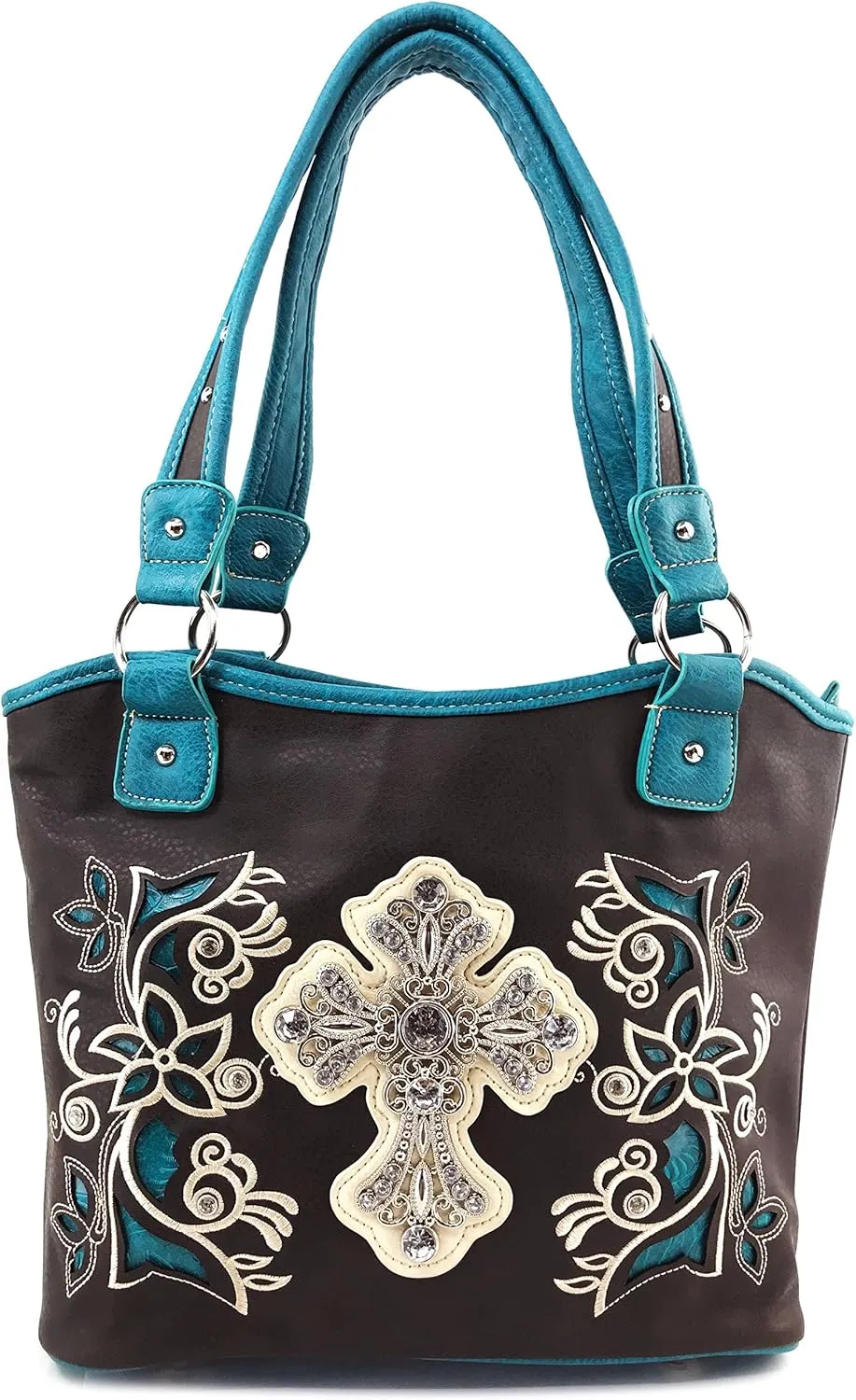 Justin West Western Rhinestone Cross Tote Purse Embroidery Floral Design Leather Concealed Carry Handbag