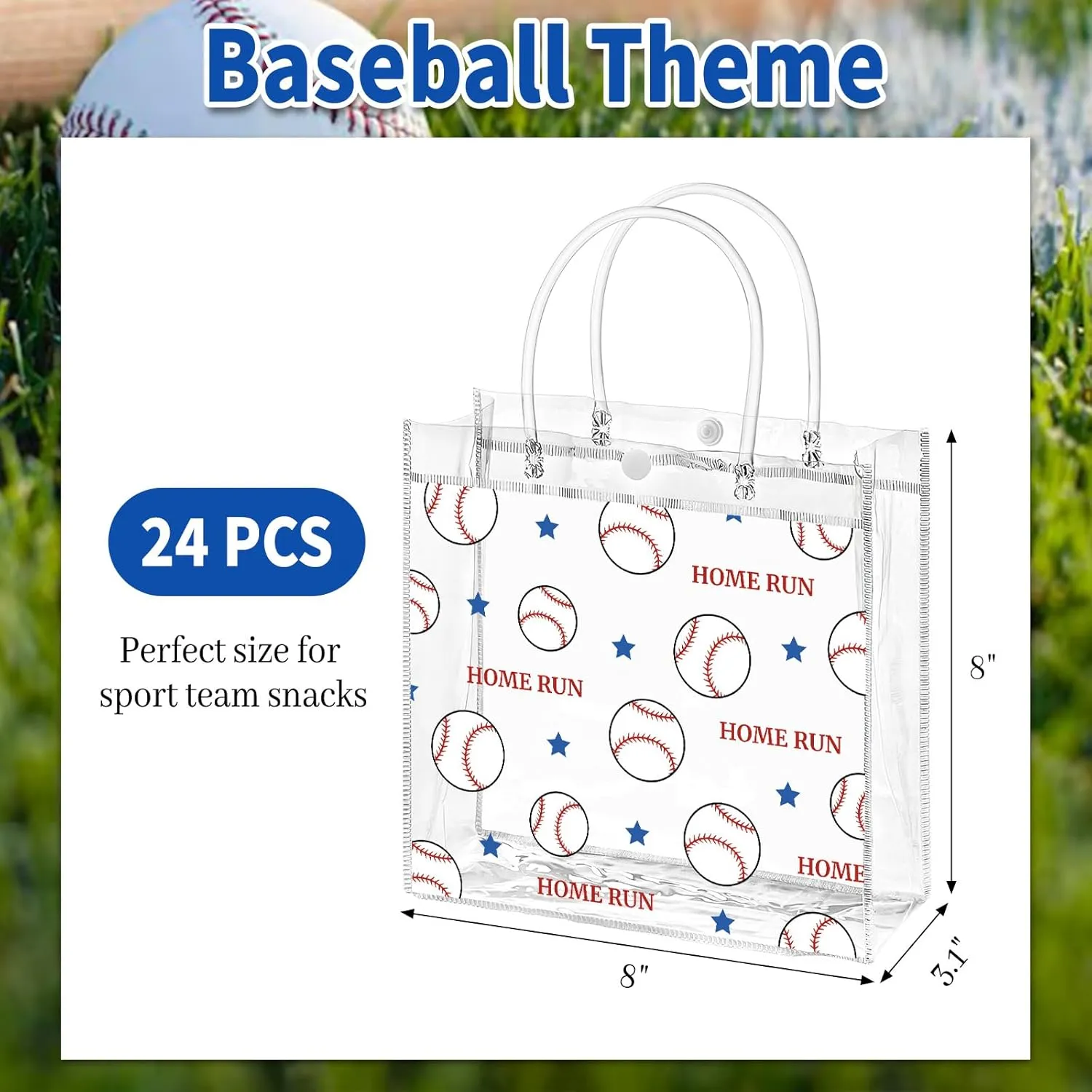 Jutieuo 24 Pack Baseball Clear Gift Bags with Handles, Plastic Snack Bags Goodie Bag Bulk for Sport Team & Baseball Themed Party (8 x 8 x 3.1 Inches)