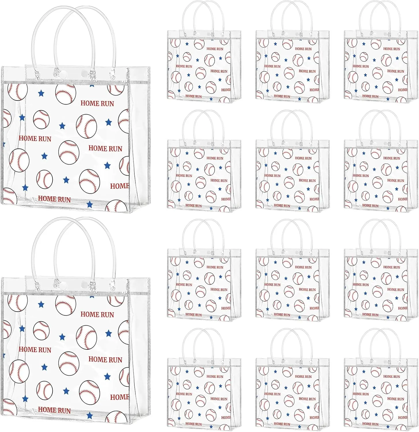 Jutieuo 24 Pack Baseball Clear Gift Bags with Handles, Plastic Snack Bags Goodie Bag Bulk for Sport Team & Baseball Themed Party (8 x 8 x 3.1 Inches)