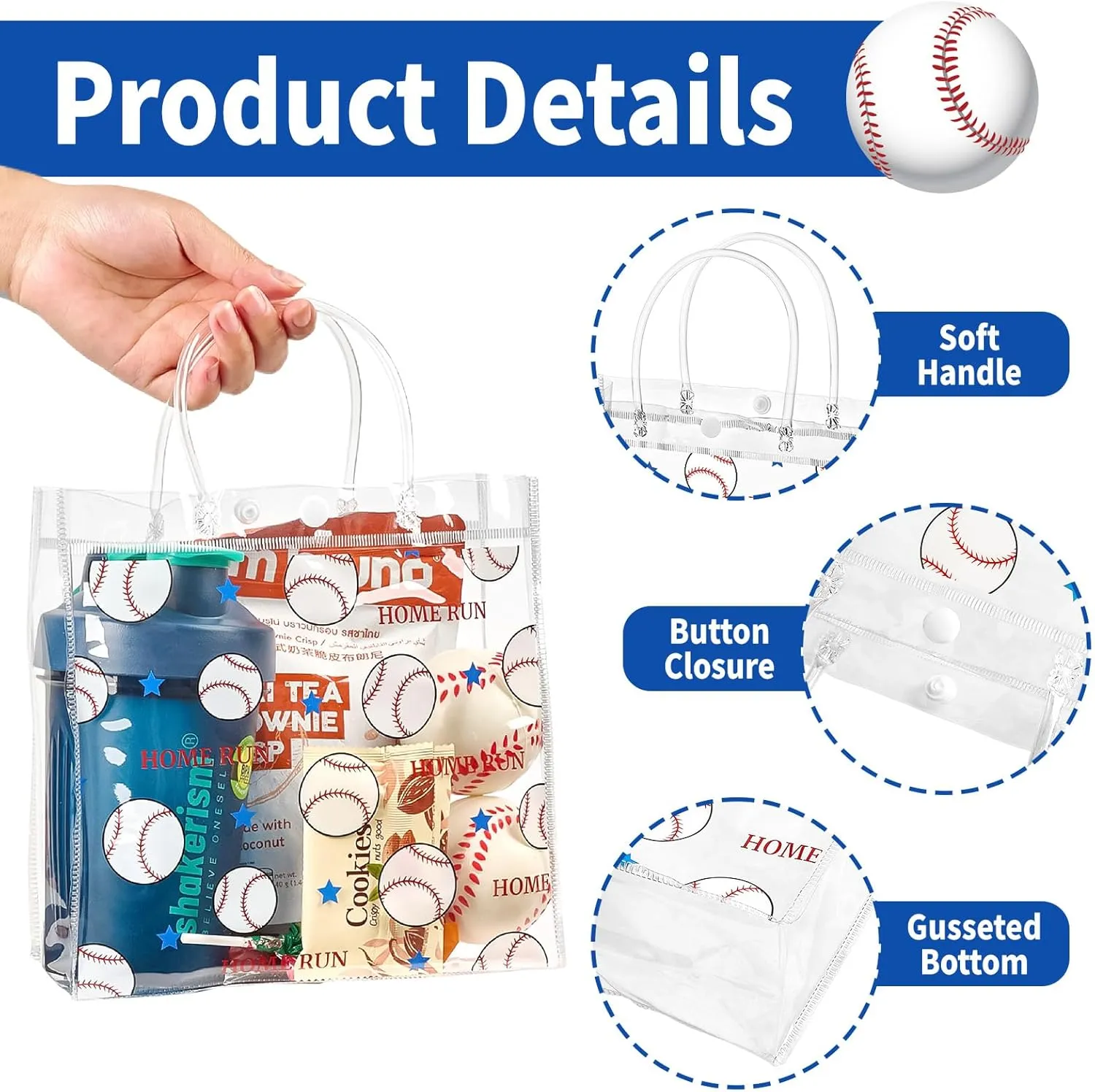 Jutieuo 24 Pack Baseball Clear Gift Bags with Handles, Plastic Snack Bags Goodie Bag Bulk for Sport Team & Baseball Themed Party (8 x 8 x 3.1 Inches)