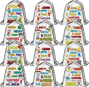 Kacctyen 24 Pcs Religious Drawstring Backpack Christian Learn Grow Pray Together with Jesus Drawstring Bags Bulk Bible Verse Religious Gift Bags for Sunday School Church Graduation Themed Party Favors