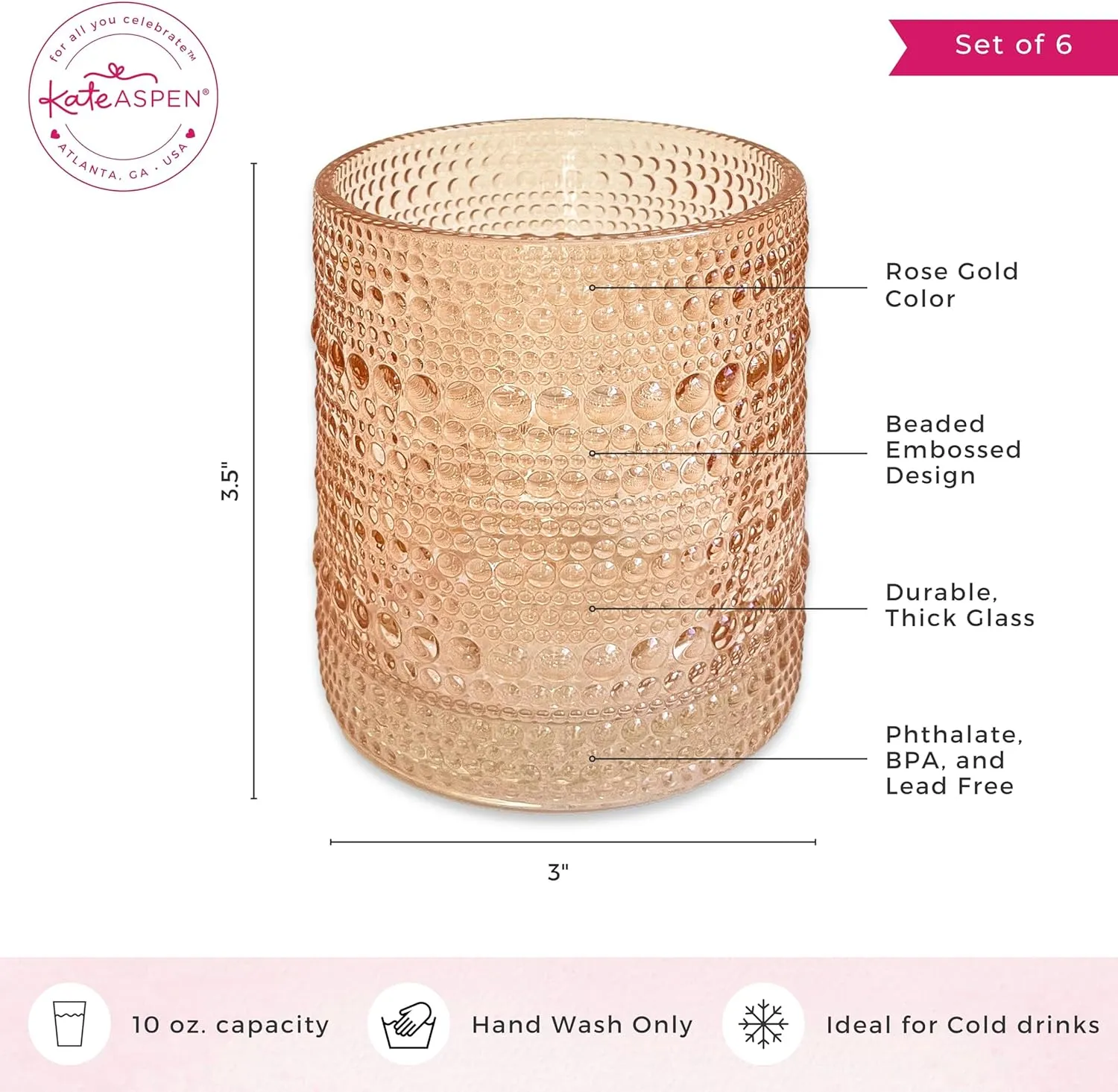 Kate Aspen Rose Gold Hobnail Beaded Drinking Glasses Set of 6-10 oz Vintage Glassware Set Cocktail Glass Set, Juice Glass, Water Cups | Makes A Great Hostess Gift or Gift for New Home Owners