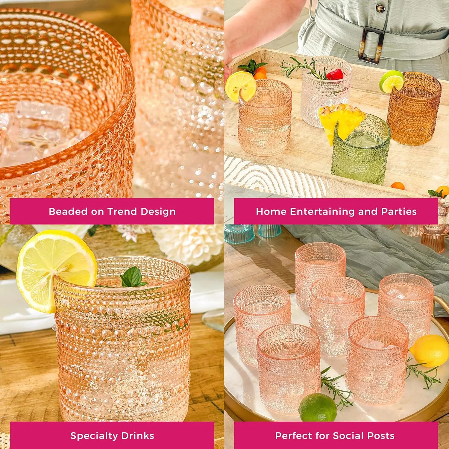 Kate Aspen Rose Gold Hobnail Beaded Drinking Glasses Set of 6-10 oz Vintage Glassware Set Cocktail Glass Set, Juice Glass, Water Cups | Makes A Great Hostess Gift or Gift for New Home Owners