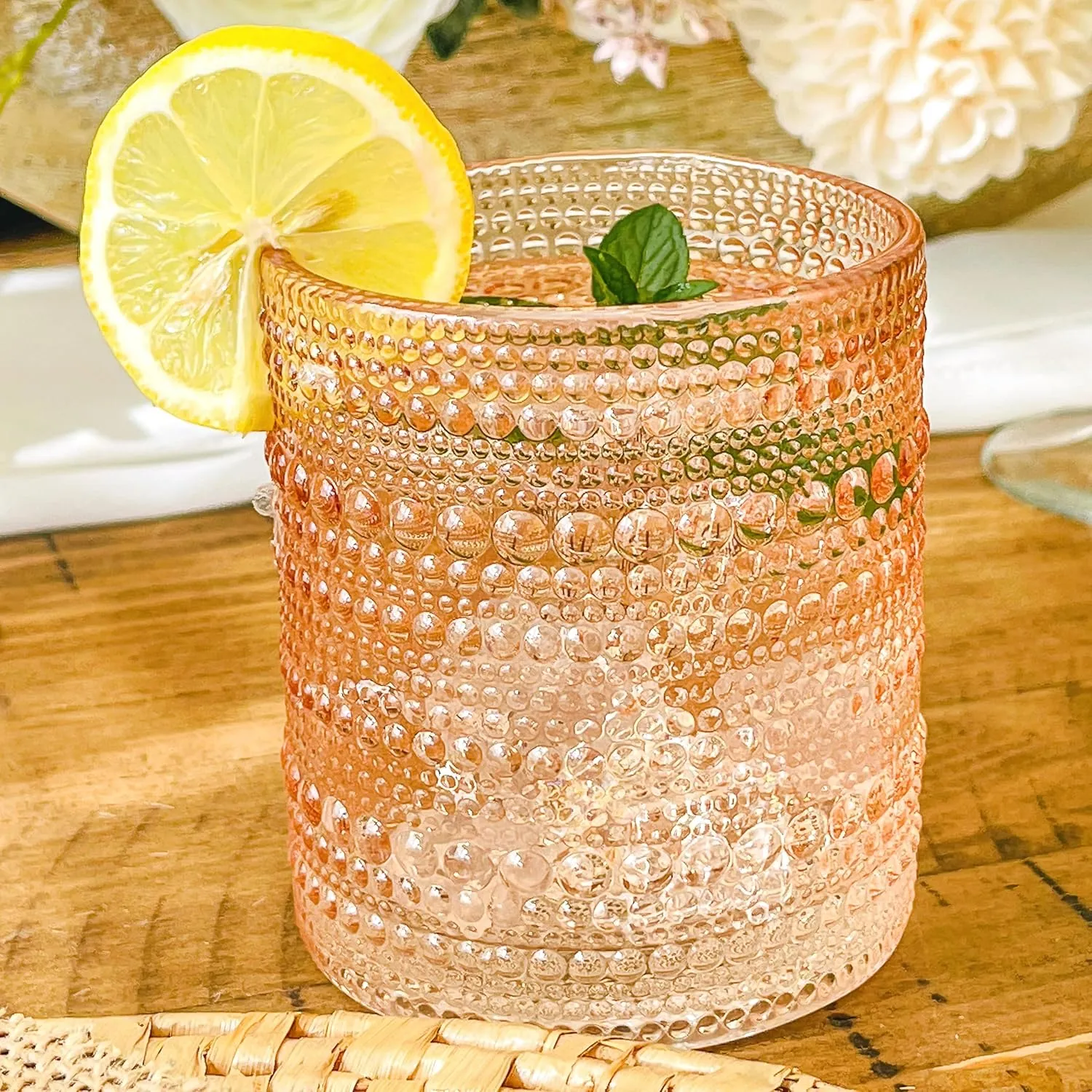 Kate Aspen Rose Gold Hobnail Beaded Drinking Glasses Set of 6-10 oz Vintage Glassware Set Cocktail Glass Set, Juice Glass, Water Cups | Makes A Great Hostess Gift or Gift for New Home Owners