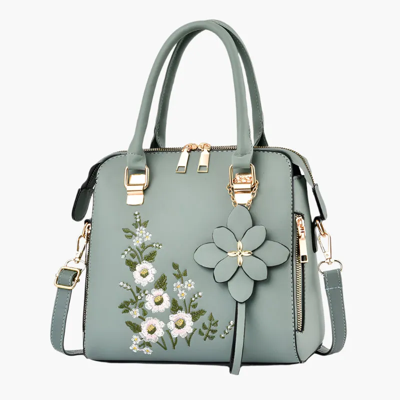 Kathryn – Green Handbag with Floral Embroidery and Dual Top Handles