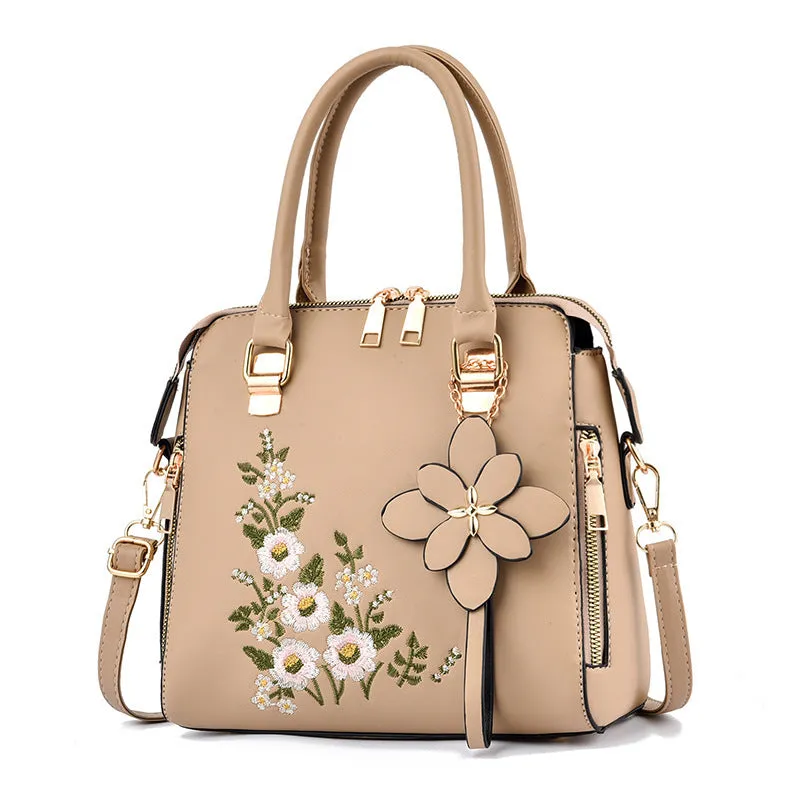 Kathryn – Green Handbag with Floral Embroidery and Dual Top Handles