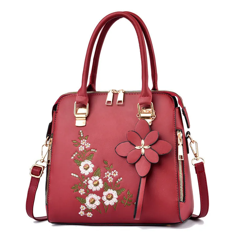 Kathryn – Green Handbag with Floral Embroidery and Dual Top Handles
