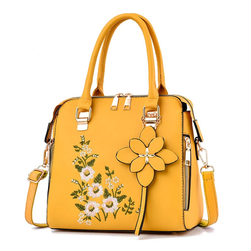 Kathryn – Green Handbag with Floral Embroidery and Dual Top Handles