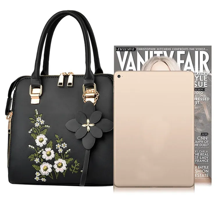 Kathryn – Green Handbag with Floral Embroidery and Dual Top Handles