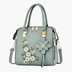 Kathryn – Green Handbag with Floral Embroidery and Dual Top Handles