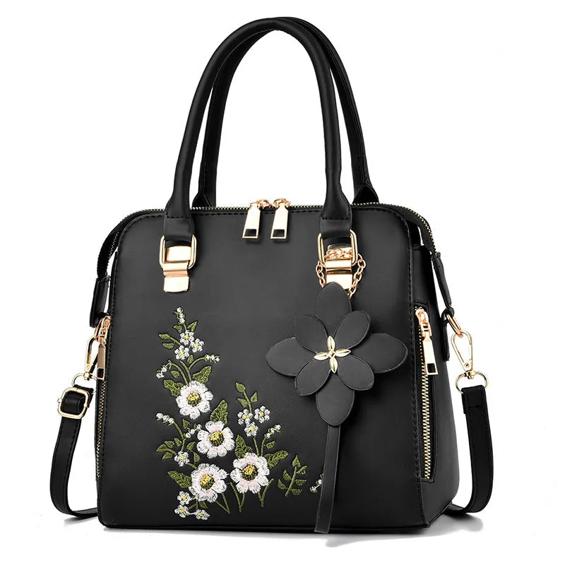 Kathryn – Green Handbag with Floral Embroidery and Dual Top Handles