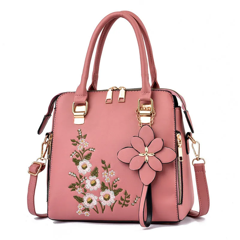 Kathryn – Green Handbag with Floral Embroidery and Dual Top Handles