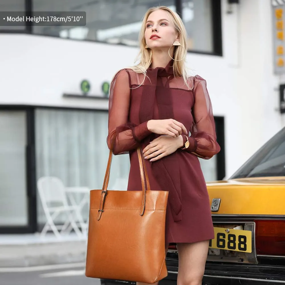 Kattee Vintage Genuine Leather Tote Shoulder Handbag for Woman with Adjustable Handles