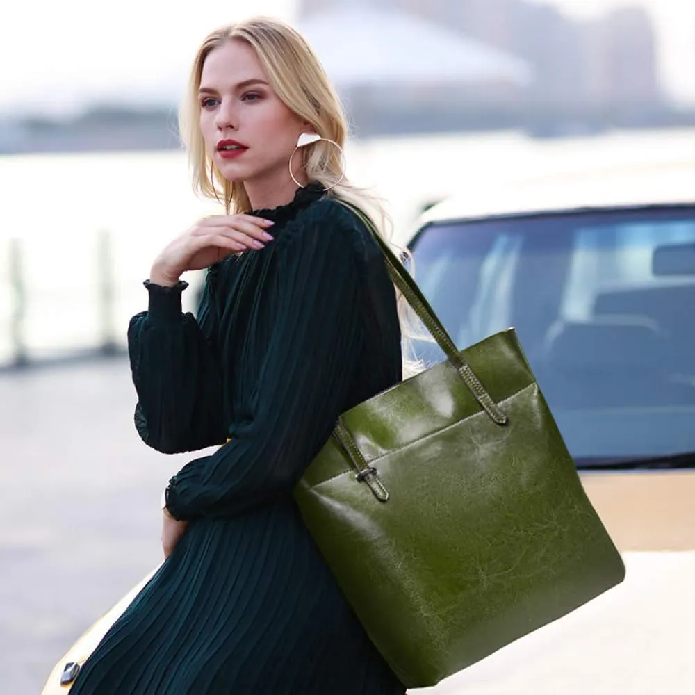 Kattee Vintage Genuine Leather Tote Shoulder Handbag for Woman with Adjustable Handles