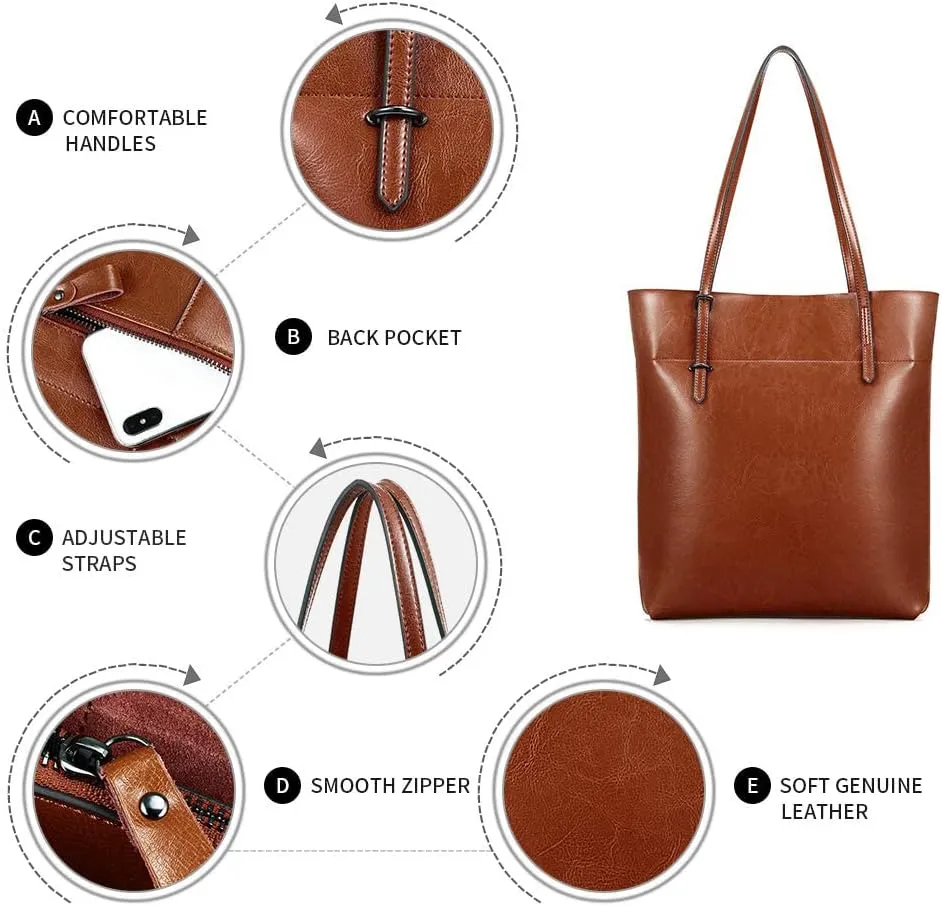 Kattee Vintage Genuine Leather Tote Shoulder Handbag for Woman with Adjustable Handles