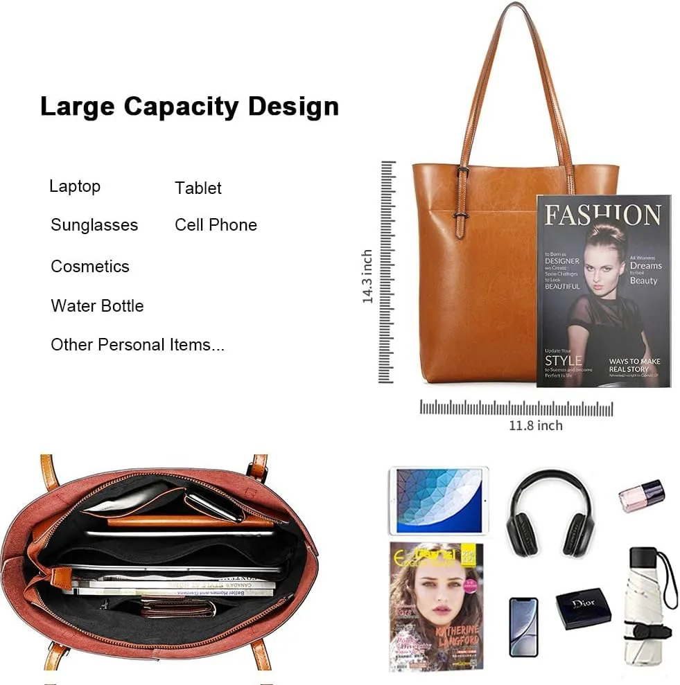 Kattee Vintage Genuine Leather Tote Shoulder Handbag for Woman with Adjustable Handles