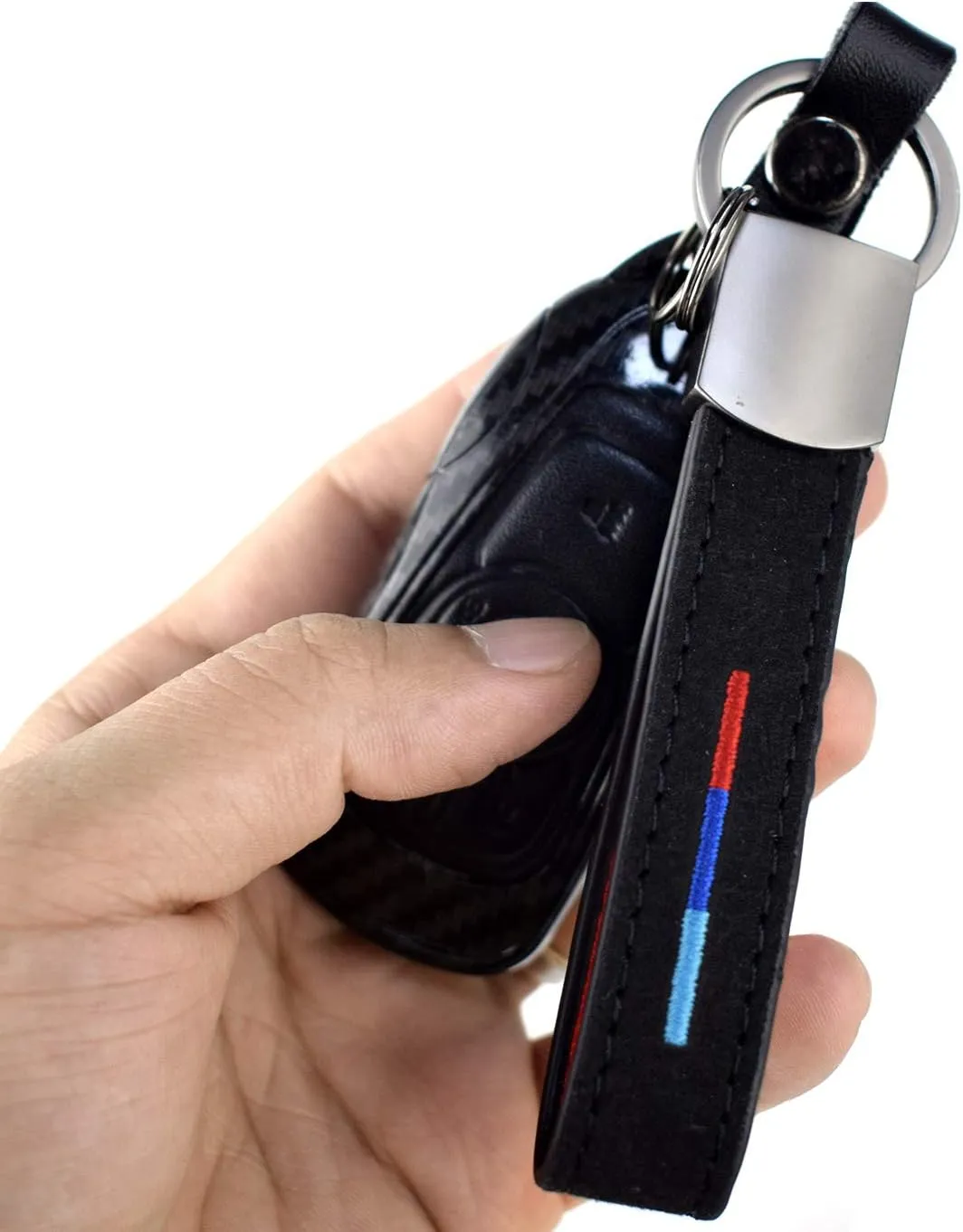 KE-KE 3-Colored 3-Power Stripe Alcantara Embroidery Leather gun-black Keychain Ring fit for BMW