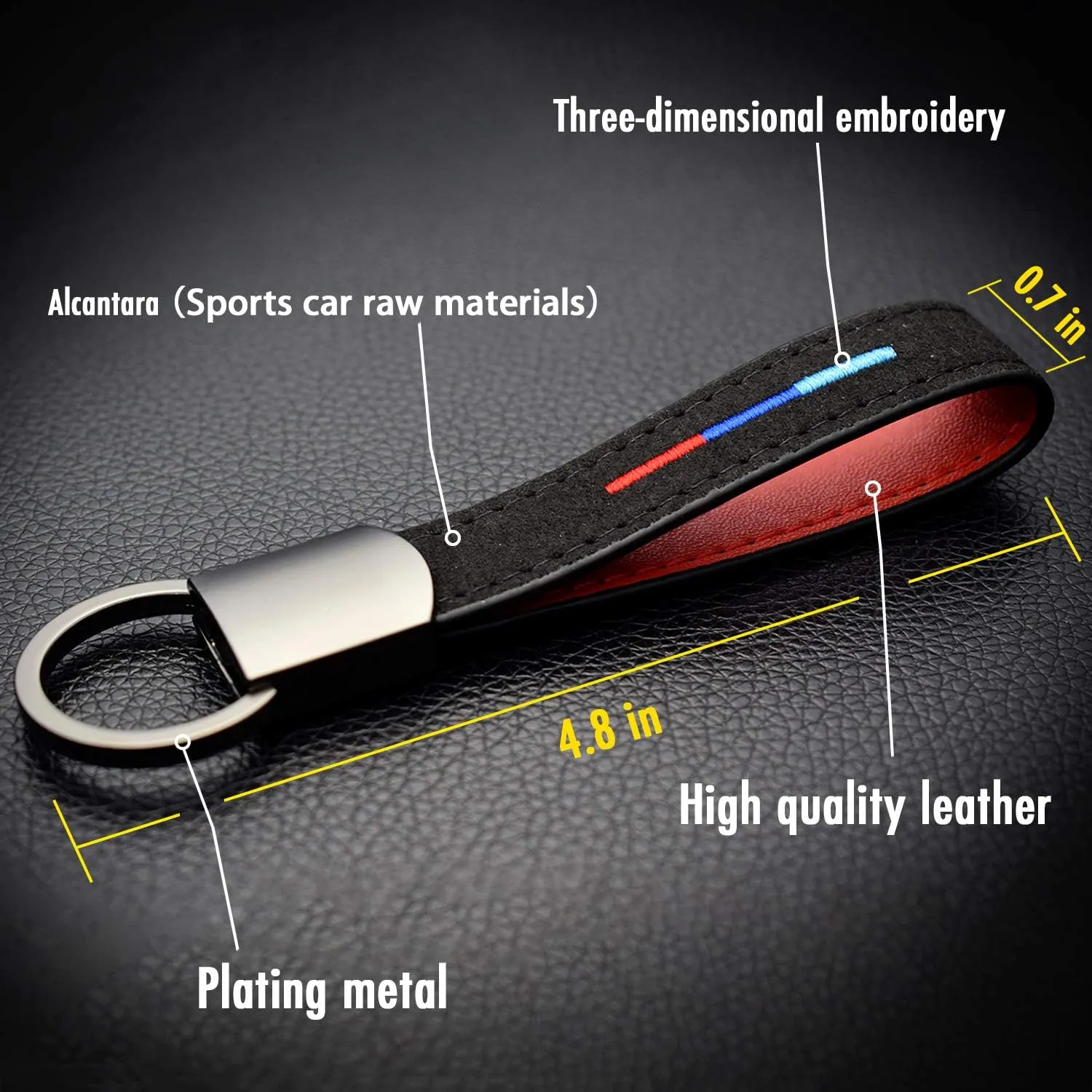 KE-KE 3-Colored 3-Power Stripe Alcantara Embroidery Leather gun-black Keychain Ring fit for BMW