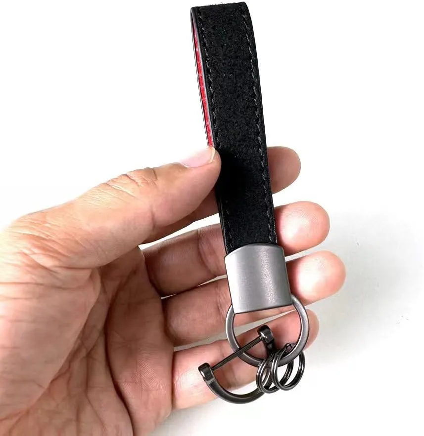 KE-KE 3-Colored 3-Power Stripe Alcantara Embroidery Leather gun-black Keychain Ring fit for BMW