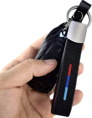 KE-KE 3-Colored 3-Power Stripe Alcantara Embroidery Leather gun-black Keychain Ring fit for BMW