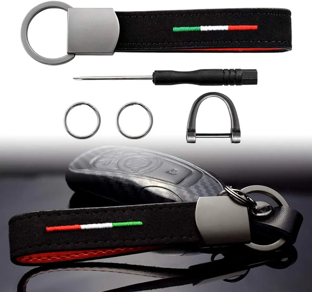 KE-KE Italian Flag Alcantara Embroidery Leather gun-black Keychain Ring for Alfa Romeo Fiat Ferrari Maserati Lamborghini (Italian Flag 3-Color)