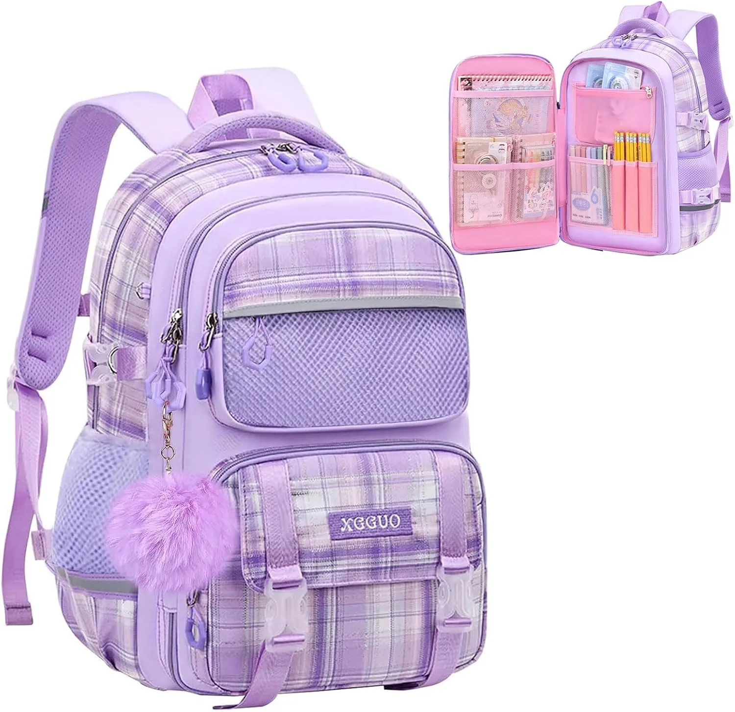 KEBEIXUAN School Backpacks for Girls Large Capacity Kids Kawaii Backpack School Bag for Girls 6-12 Years Old (Plaid Purple)