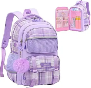 KEBEIXUAN School Backpacks for Girls Large Capacity Kids Kawaii Backpack School Bag for Girls 6-12 Years Old (Plaid Purple)
