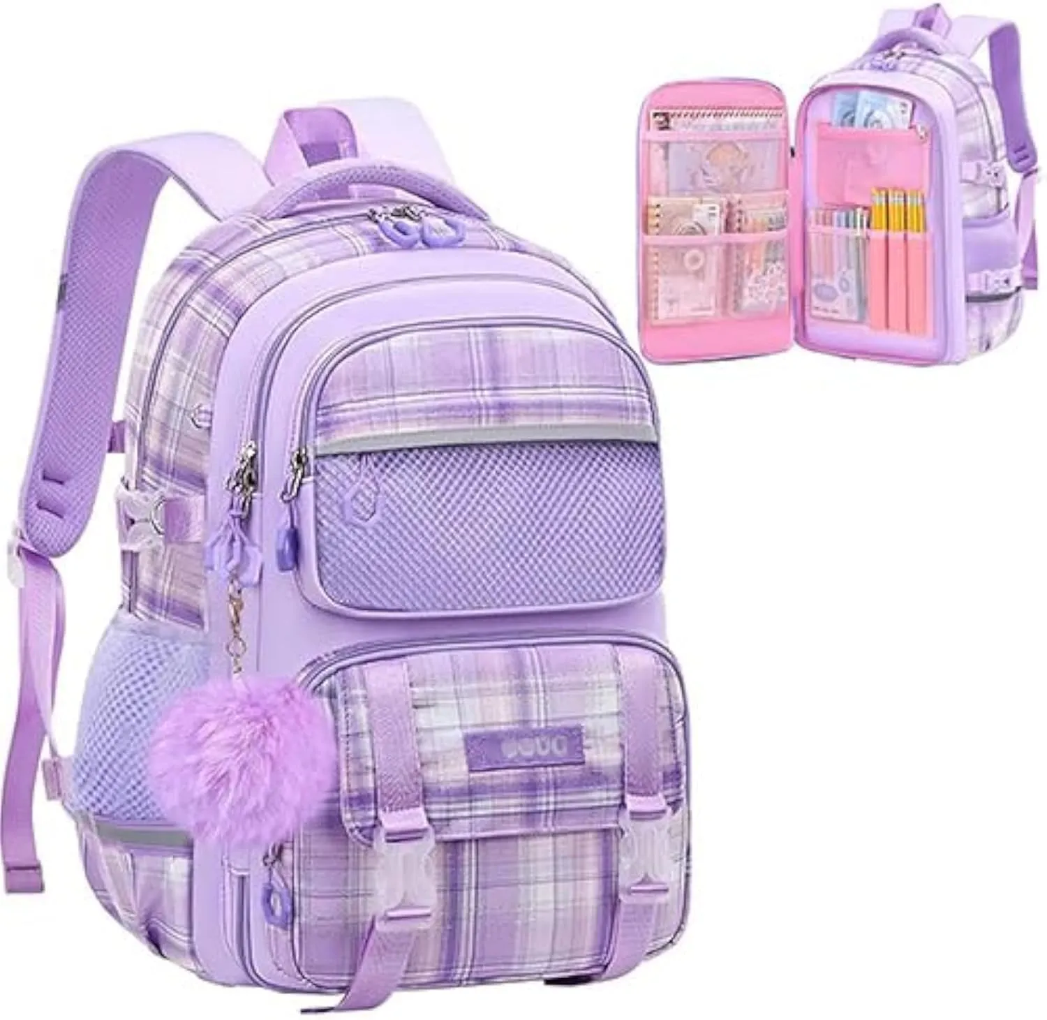 KEBEIXUAN School Backpacks for Girls Large Capacity Kids Kawaii Backpack School Bag for Girls 6-12 Years Old (Plaid Purple)