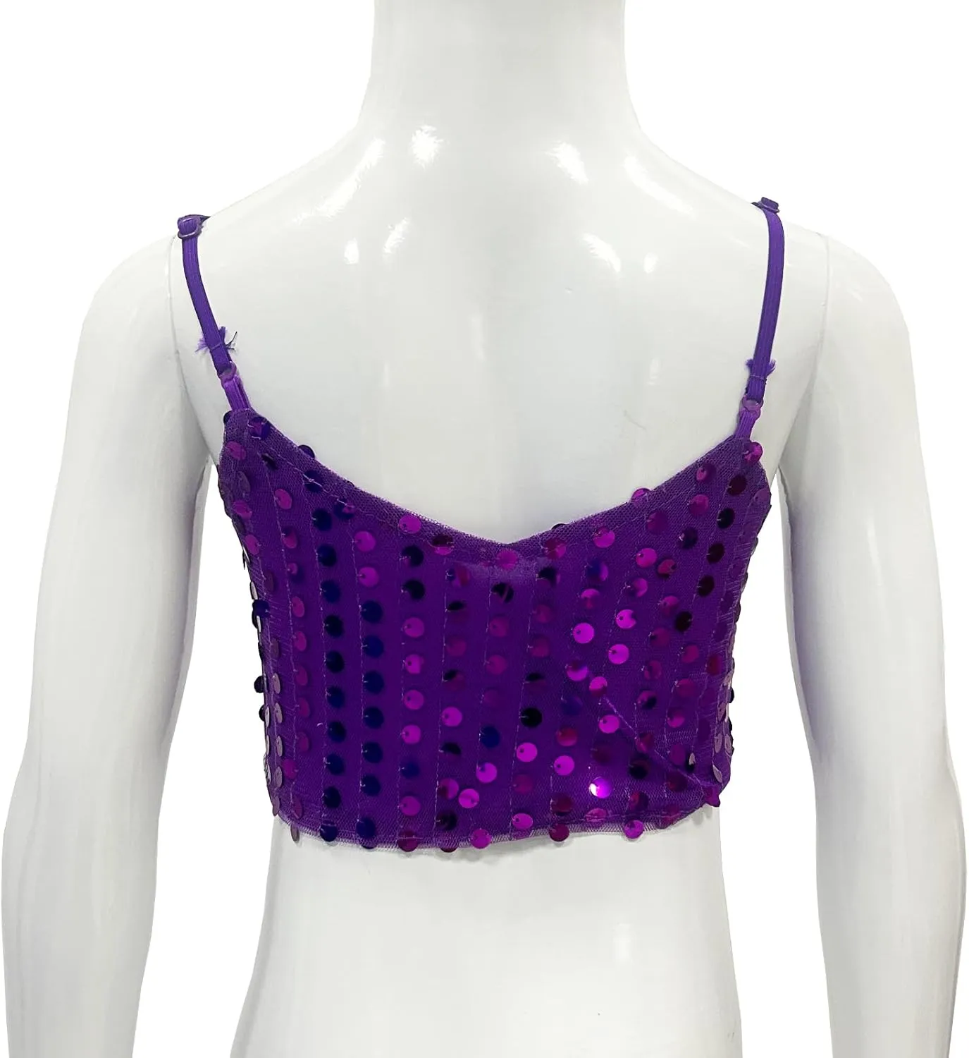 Kids Girls Sequined Spaghetti Shoulder Straps Crop Tops V Neck Belly Hip Hop Jazz Dance Bra Vest Shirts