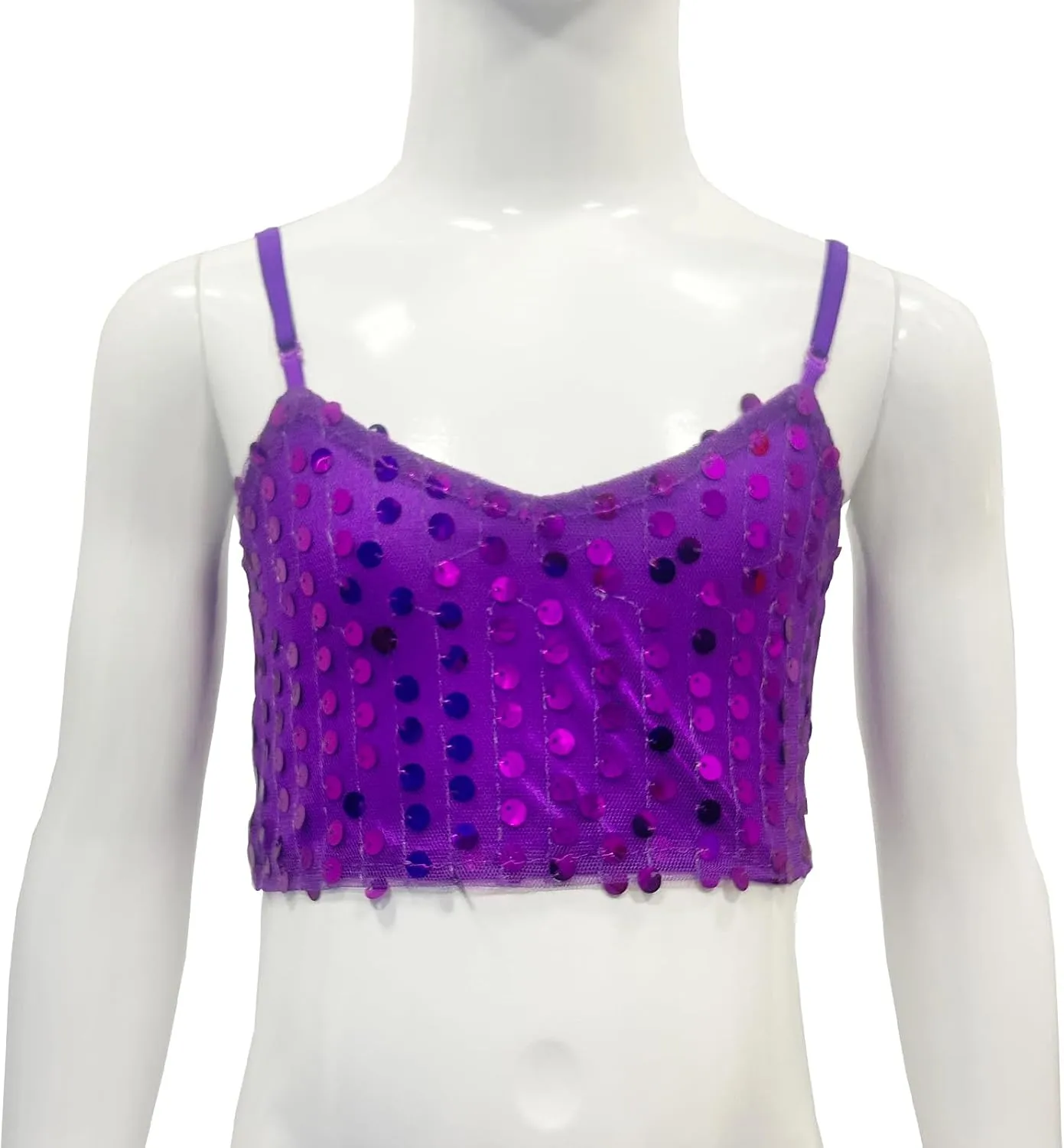 Kids Girls Sequined Spaghetti Shoulder Straps Crop Tops V Neck Belly Hip Hop Jazz Dance Bra Vest Shirts