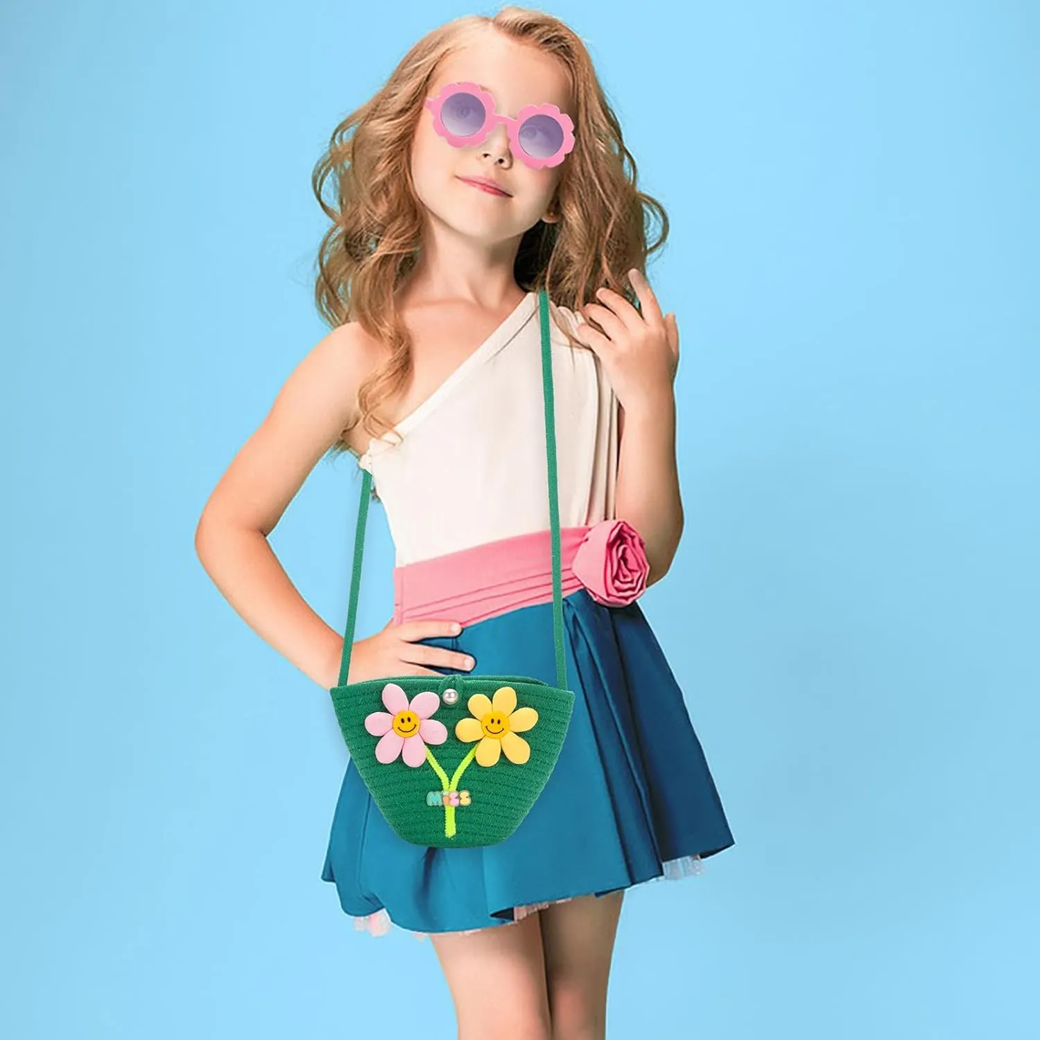 Kids Purse for Girls Age 2-14, Green Toddler Purse with Beaded and Flowers, Kids Crossbody Bag Gifts for Christmas, Birthday