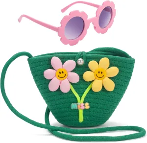 Kids Purse for Girls Age 2-14, Green Toddler Purse with Beaded and Flowers, Kids Crossbody Bag Gifts for Christmas, Birthday