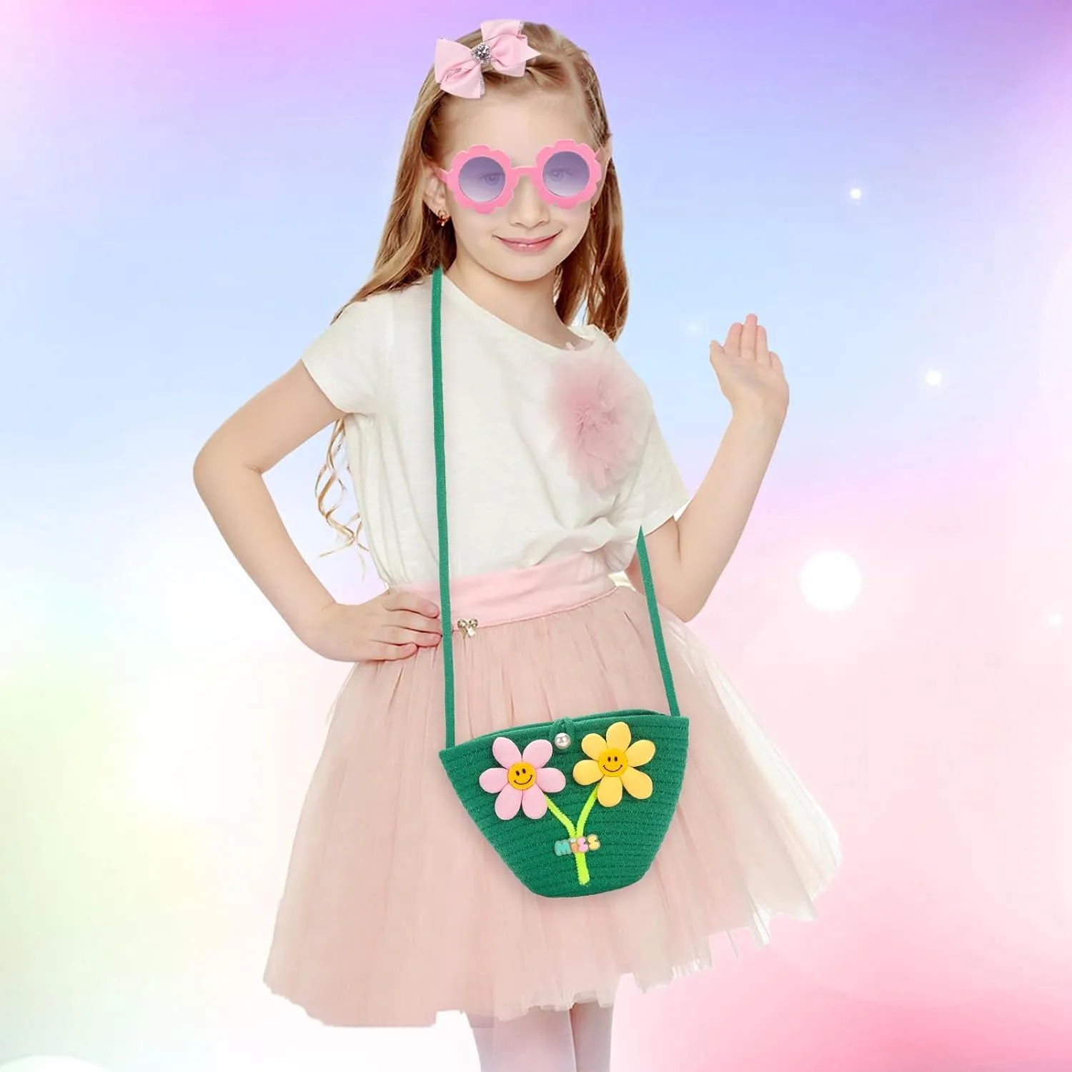 Kids Purse for Girls Age 2-14, Green Toddler Purse with Beaded and Flowers, Kids Crossbody Bag Gifts for Christmas, Birthday