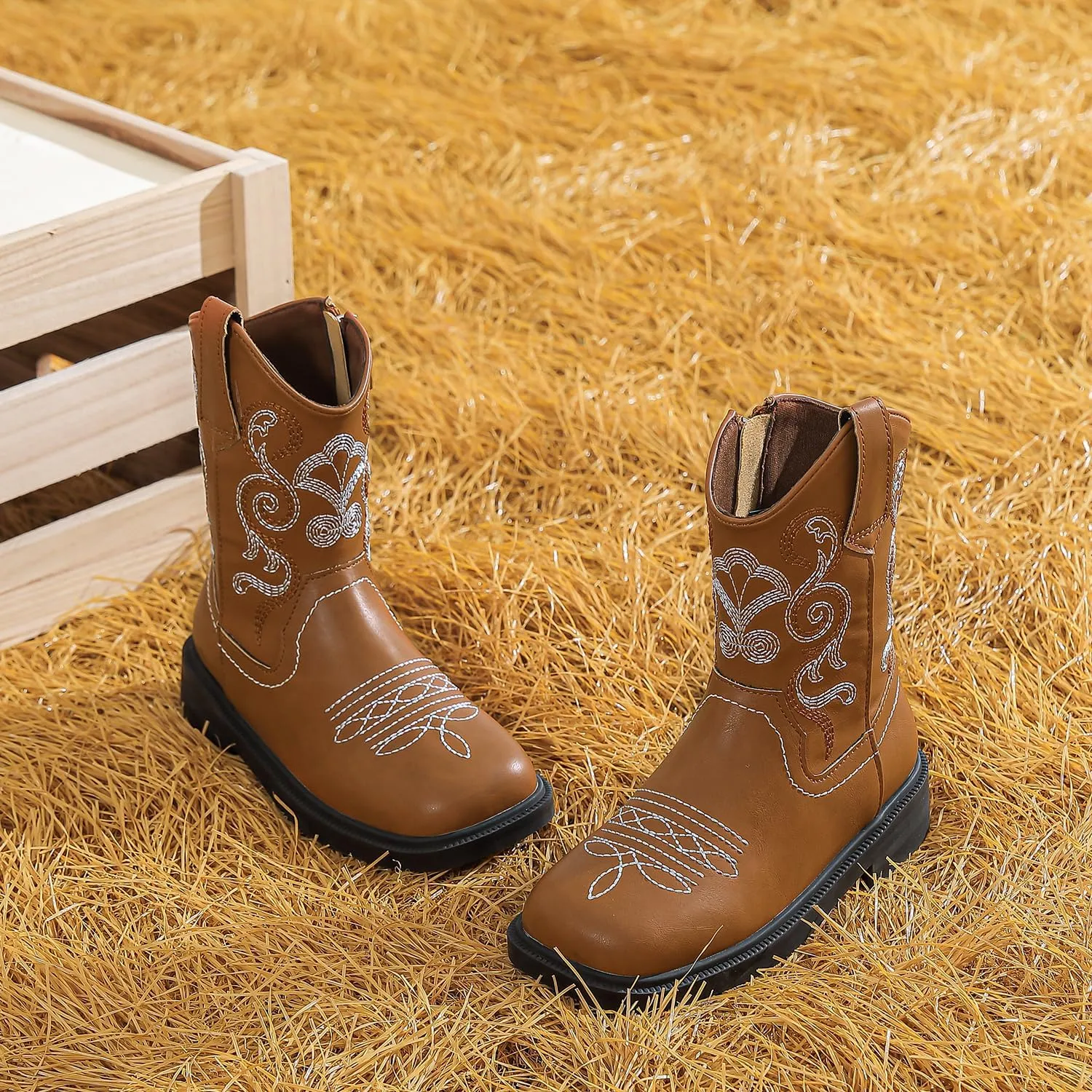 kkdom Cowboy Boots Cowgirl Boots for Toddler Little Boys Girls Kids Western Boots Square Toe Mid Calf Riding Boots