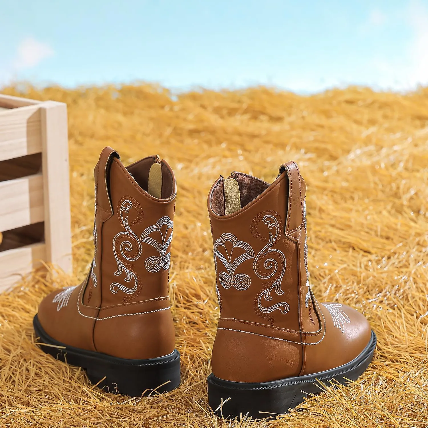 kkdom Cowboy Boots Cowgirl Boots for Toddler Little Boys Girls Kids Western Boots Square Toe Mid Calf Riding Boots