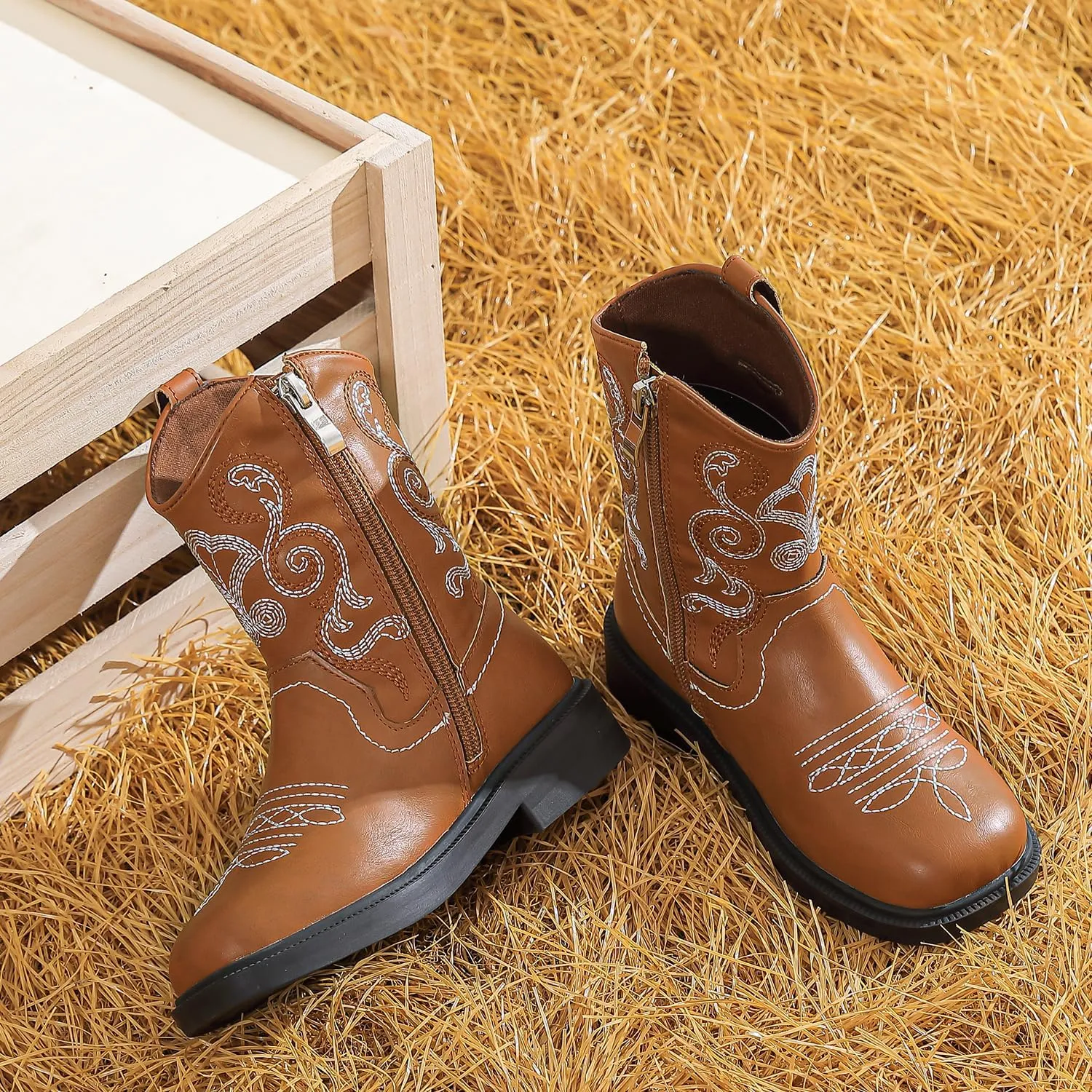 kkdom Cowboy Boots Cowgirl Boots for Toddler Little Boys Girls Kids Western Boots Square Toe Mid Calf Riding Boots