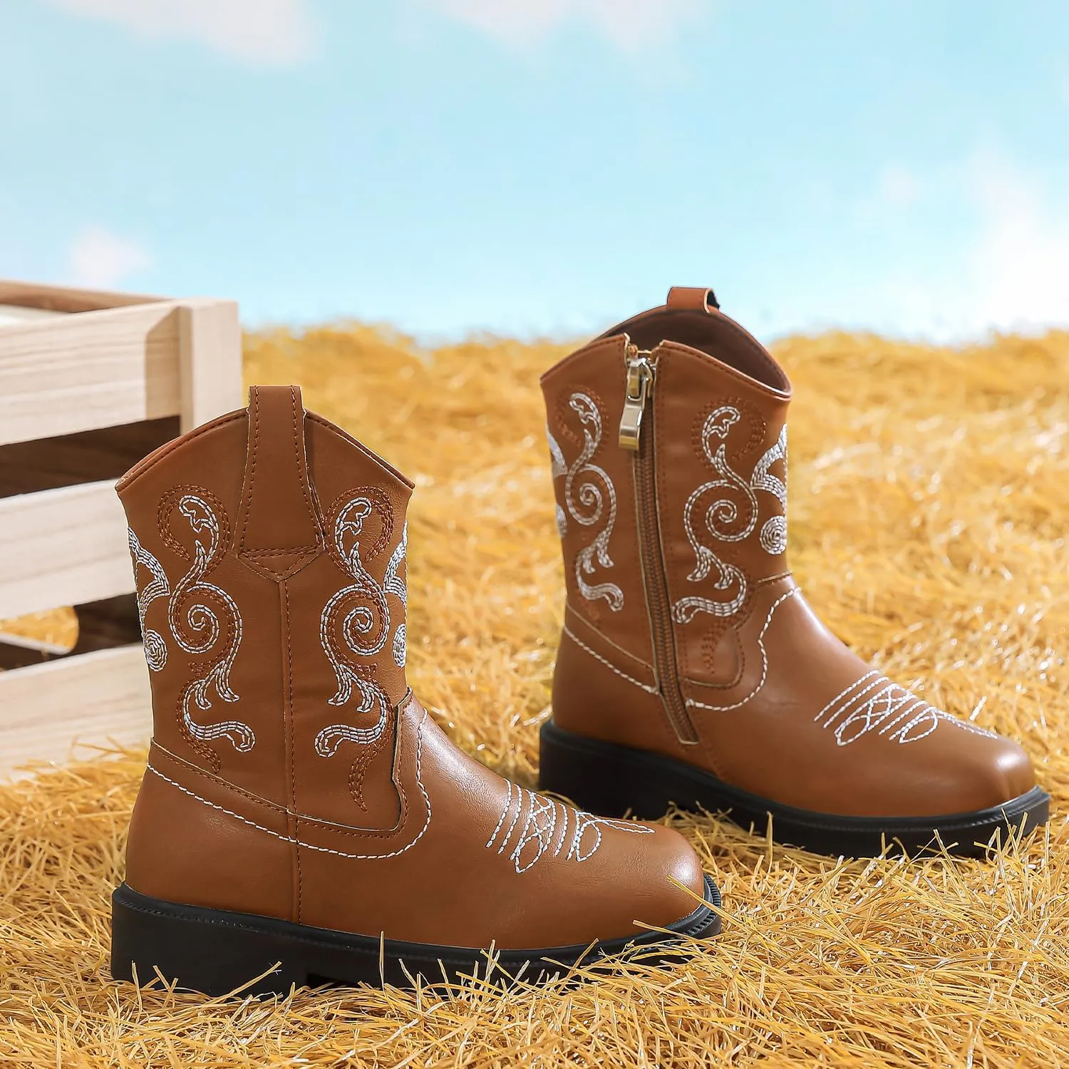 kkdom Cowboy Boots Cowgirl Boots for Toddler Little Boys Girls Kids Western Boots Square Toe Mid Calf Riding Boots