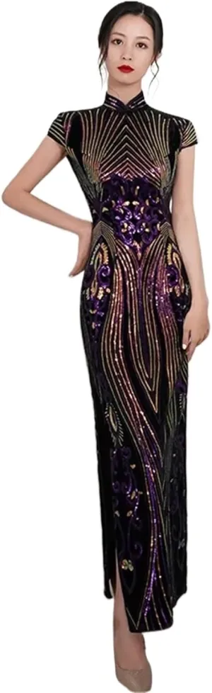 Lady Sequins Qipao Sexy Cheongsam Classic Mandarin Collar Chinese Dress Velvet Evening Party Vestidos Chinese Cheongsam