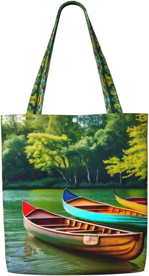 Lake With Boats Canoes Park Print Reusable Grocery Bags,Polyester Tote Bag,Casual Handbags,Practical Foldable Shopping Bag.