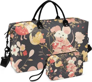 Large Bag Shoulder Weekender Overnight Bag Sports Duffel Bags with Toiletry Bag for Business Trips Waterproof Busy animal Black Peach