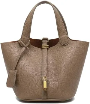 Large Capacity Handbag Soft Leather Bucket Bag, Top Handle with Lock Closure