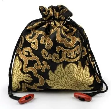 Large Chinese Silk Brocade Drawstring Pouch Necklace Storage Pouches Jewelry Packaging Bags for Bracelets with lined (6.3" W x 7.5" H, black pattern random (2pcs))