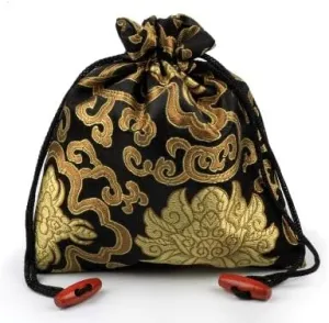 Large Chinese Silk Brocade Drawstring Pouch Necklace Storage Pouches Jewelry Packaging Bags for Bracelets with lined (6.3" W x 7.5" H, black pattern random (2pcs))