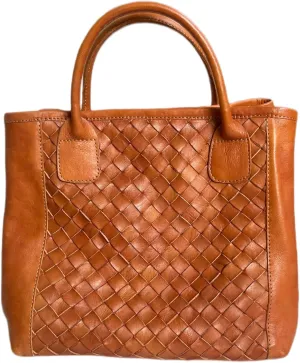 Large Handwoven Leather Tote Bag, Tan Brown, Woven Pattern, Top Handle Handbag (sideways light brown)