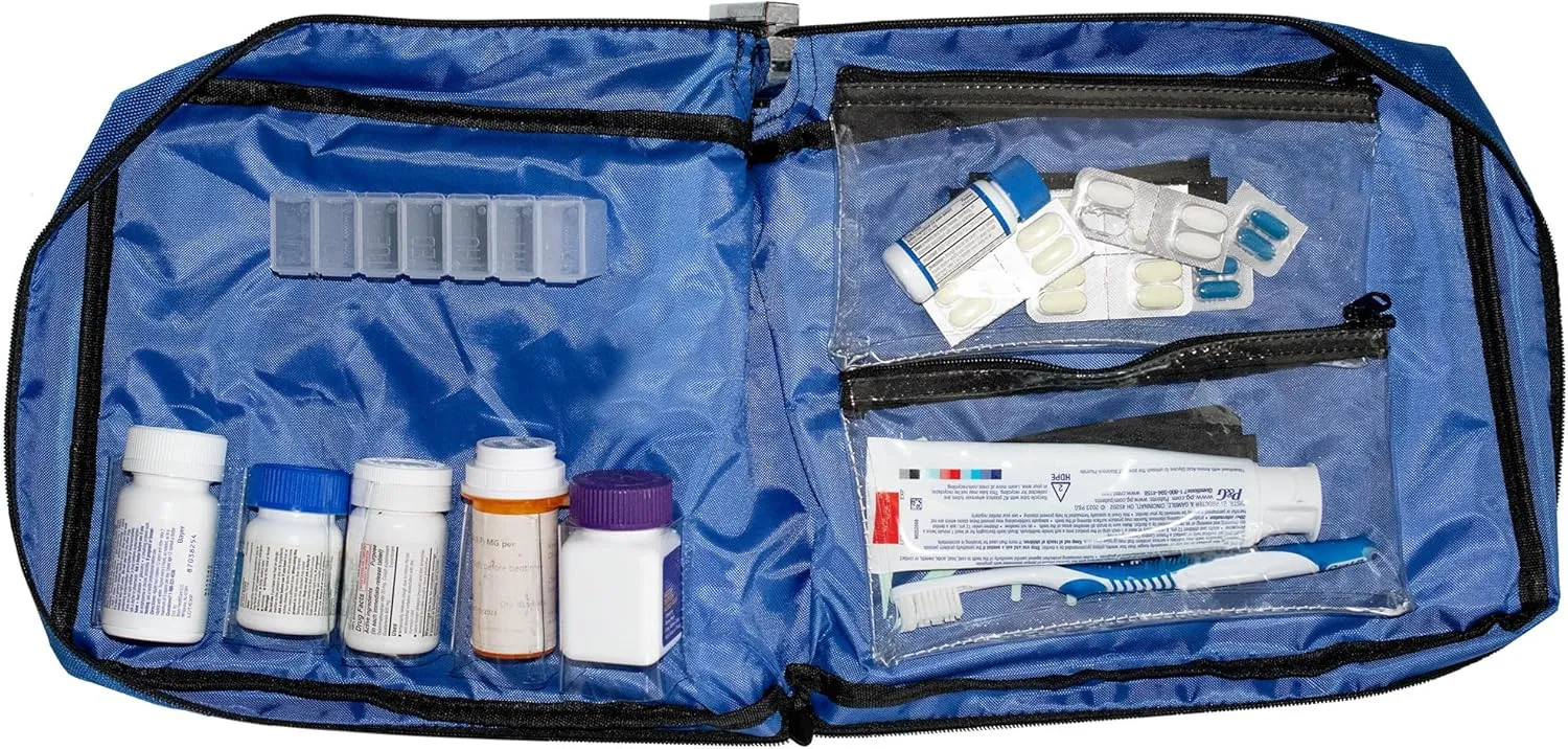 Large Medicine Bag Includes Pill Box and Removable Clear Bags, Standard Lock,12 x 10 x 2 Inch (Royal Blue)