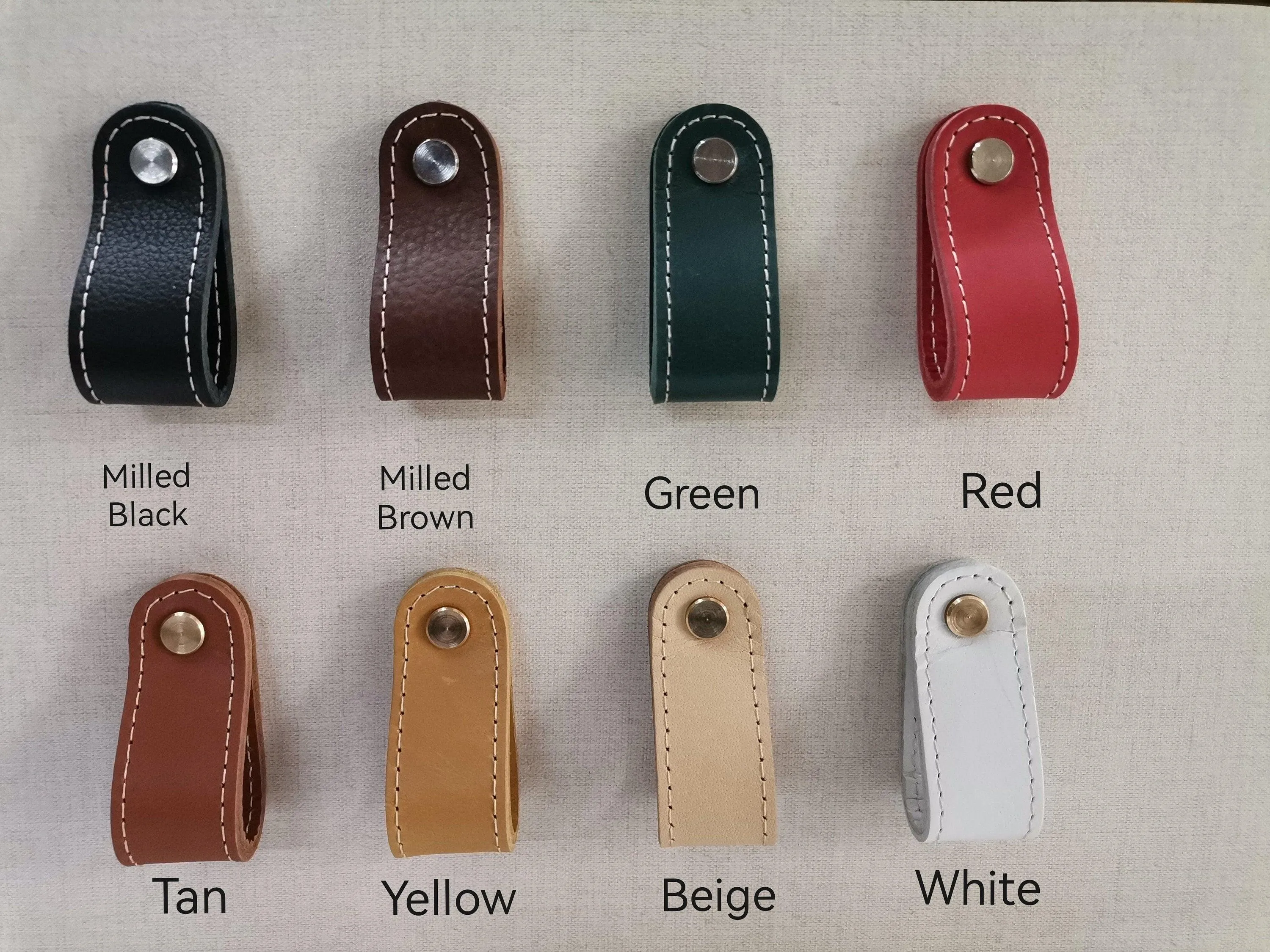 Leather drawer pulls, furniture leather knobs for cabinet doors, stitched and  rounded, width 2,5 cm (1" inch)