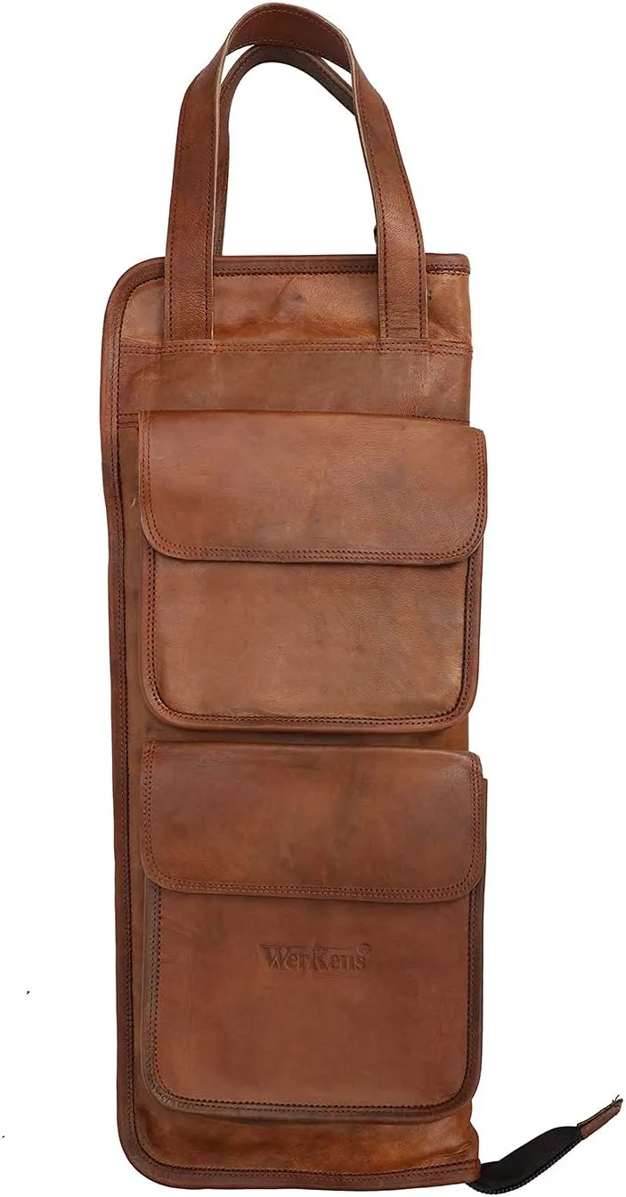 Leather Drumstick Bag Floor Tom Hooks Holds 10-12 Pairs Drum Sticks Mallets Brushes Percussion Drum Stick Bag Detachable Shoulder Strap Easy Carry Handles (Brown) – DSB003