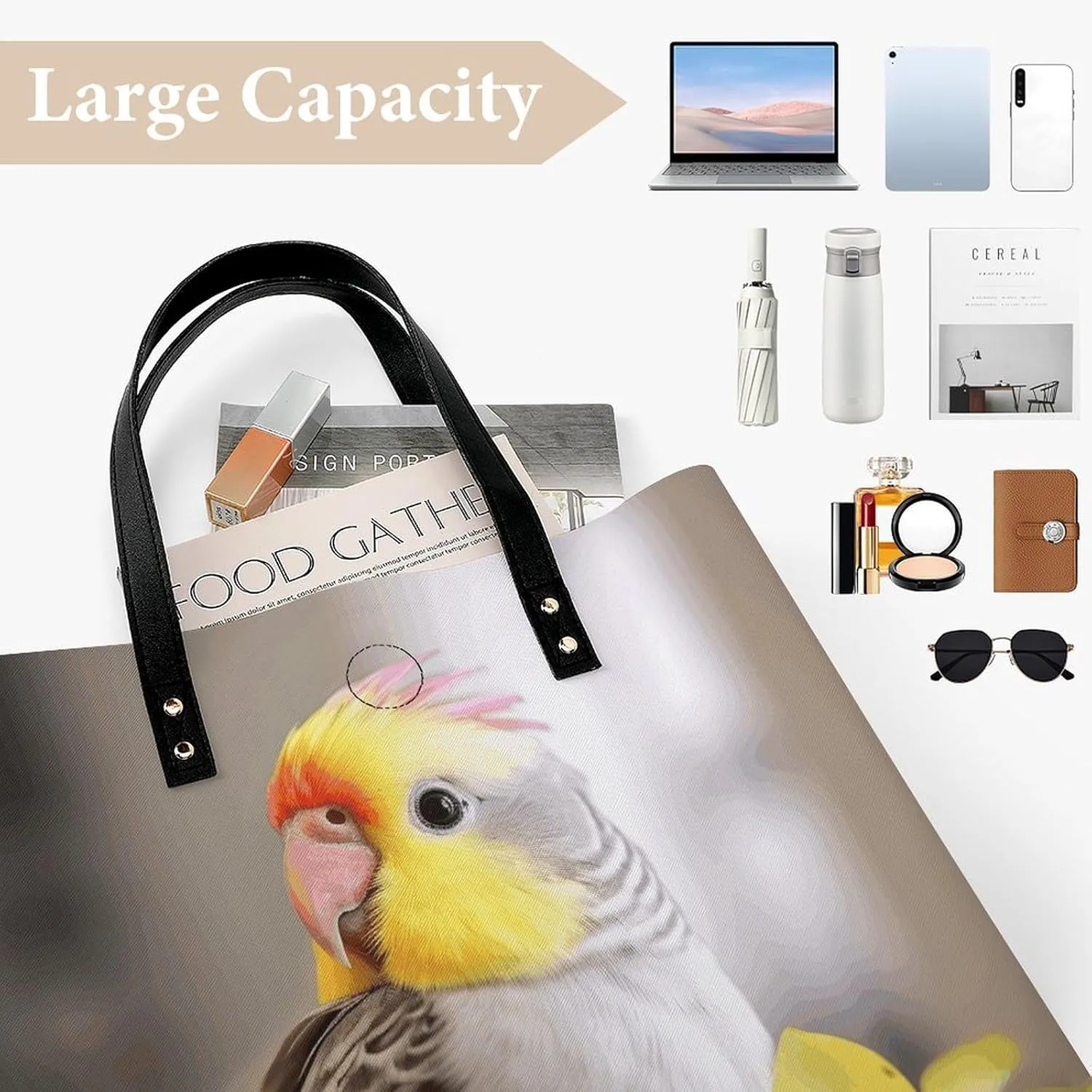 Leather Handbag for Women Tote Bag with Magnetic Buckle Cute Cockatiel Crossbody Bag Shoulder Bag