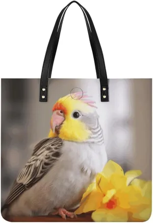 Leather Handbag for Women Tote Bag with Magnetic Buckle Cute Cockatiel Crossbody Bag Shoulder Bag