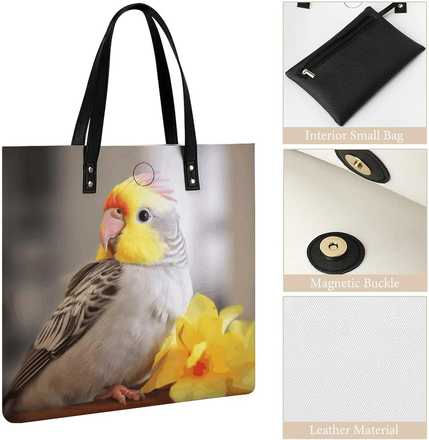 Leather Handbag for Women Tote Bag with Magnetic Buckle Cute Cockatiel Crossbody Bag Shoulder Bag
